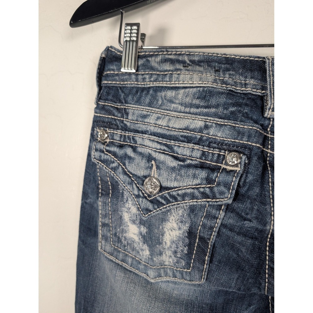 Miss Me Distressed Skinny Jeans in Dark Blue with Red Patch Accents - Picture 9 of 16